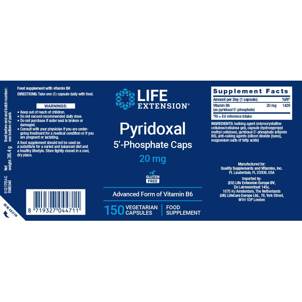 Life Extension - Pyridoxal 5'-Phosphate 20 mg, 150 Gélules Végétariennes – Soutient le Système Nerveux, le Métabolisme Énergétique, le Métabolisme du Glycogène et la Santé Cardiaque