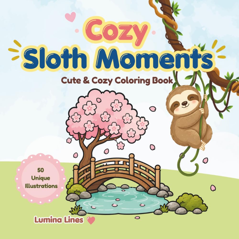 Cozy Sloth Moments: Bold and Easy Cozy Coloring Book for Adults and Kids with Simple Designs for Stress Relief and Relaxation