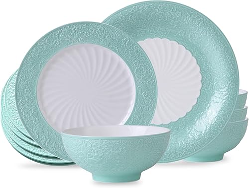 Miniatura 1 de ACMLIFE Juego de vajilla de porcelana de hueso para 4, juego de vajilla de porcelana de 12 piezas, platos de cena de alivio y juego de platos de