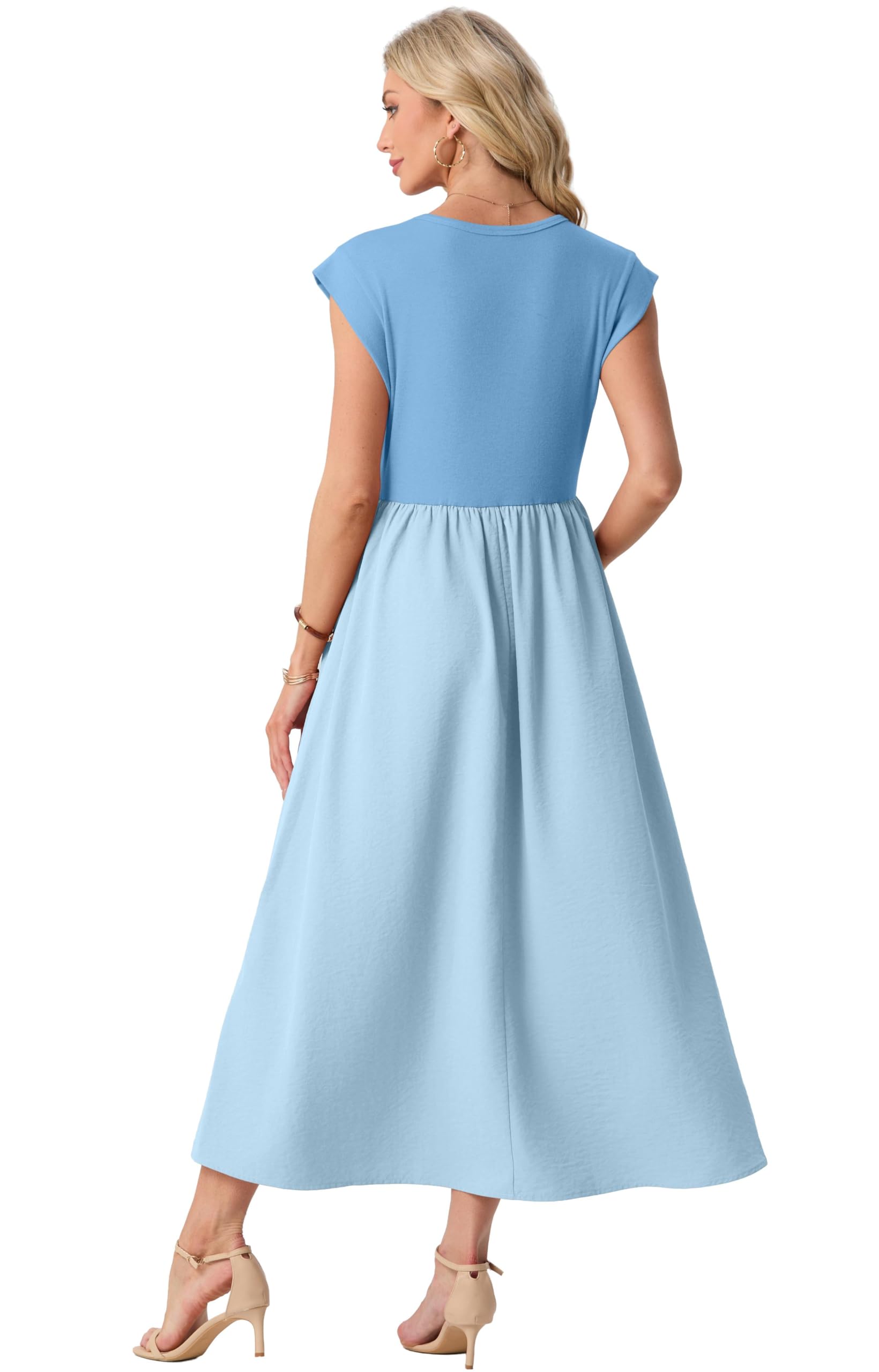 GRECERELLE Letnie sukienki dla kobiet UK Cap Sleeve damskie sukienki maxi elegancka sukienka midi o linii A Casual długie sukienki z kieszeniami na święta i do noszenia na co dzień
