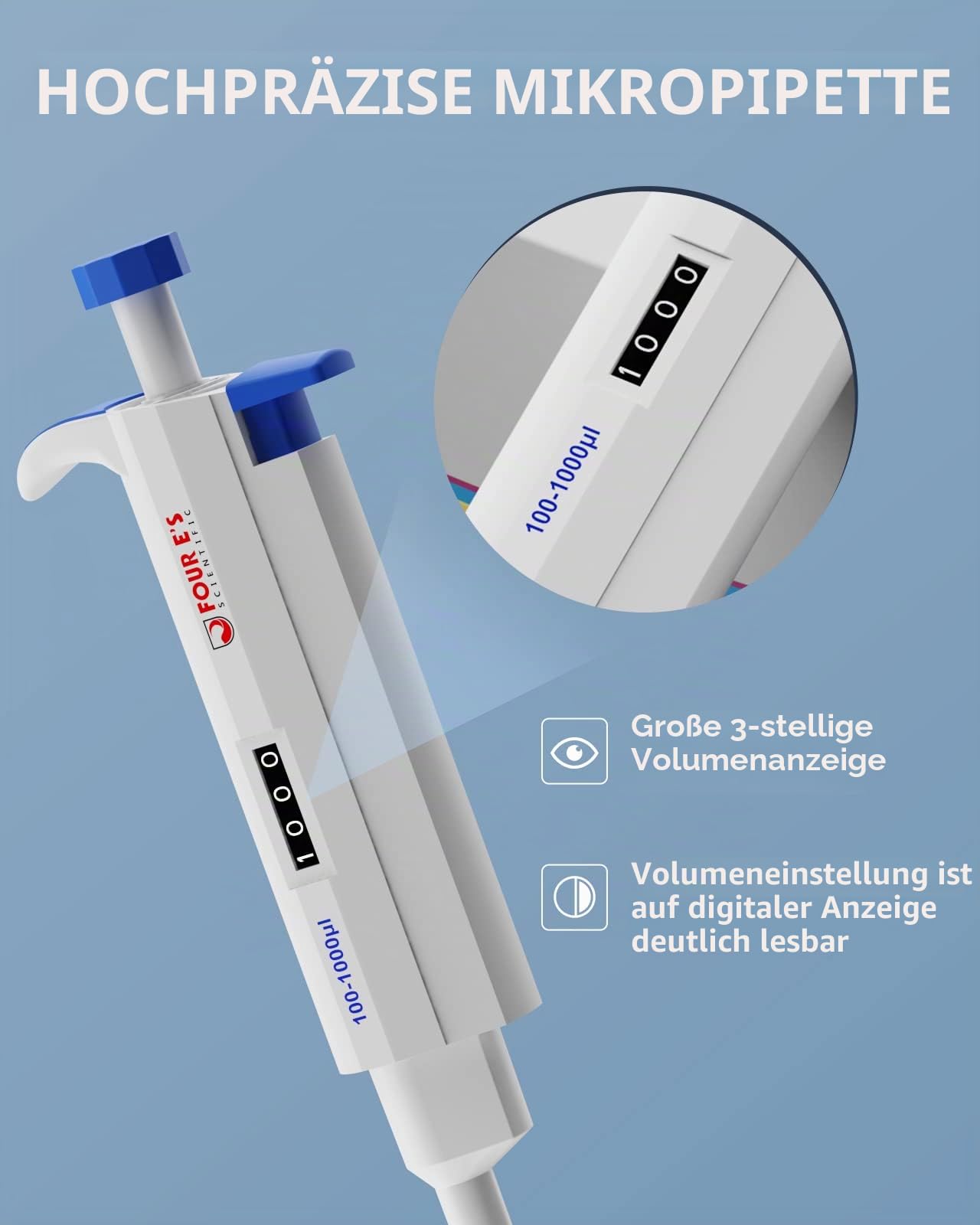 100-1000μl Pipetten 0,1-1mL Pipettor Micropipette Mikropipette Labor Einkanal Pipettierer Mikroliterpipetten Laborpietten ISO8655