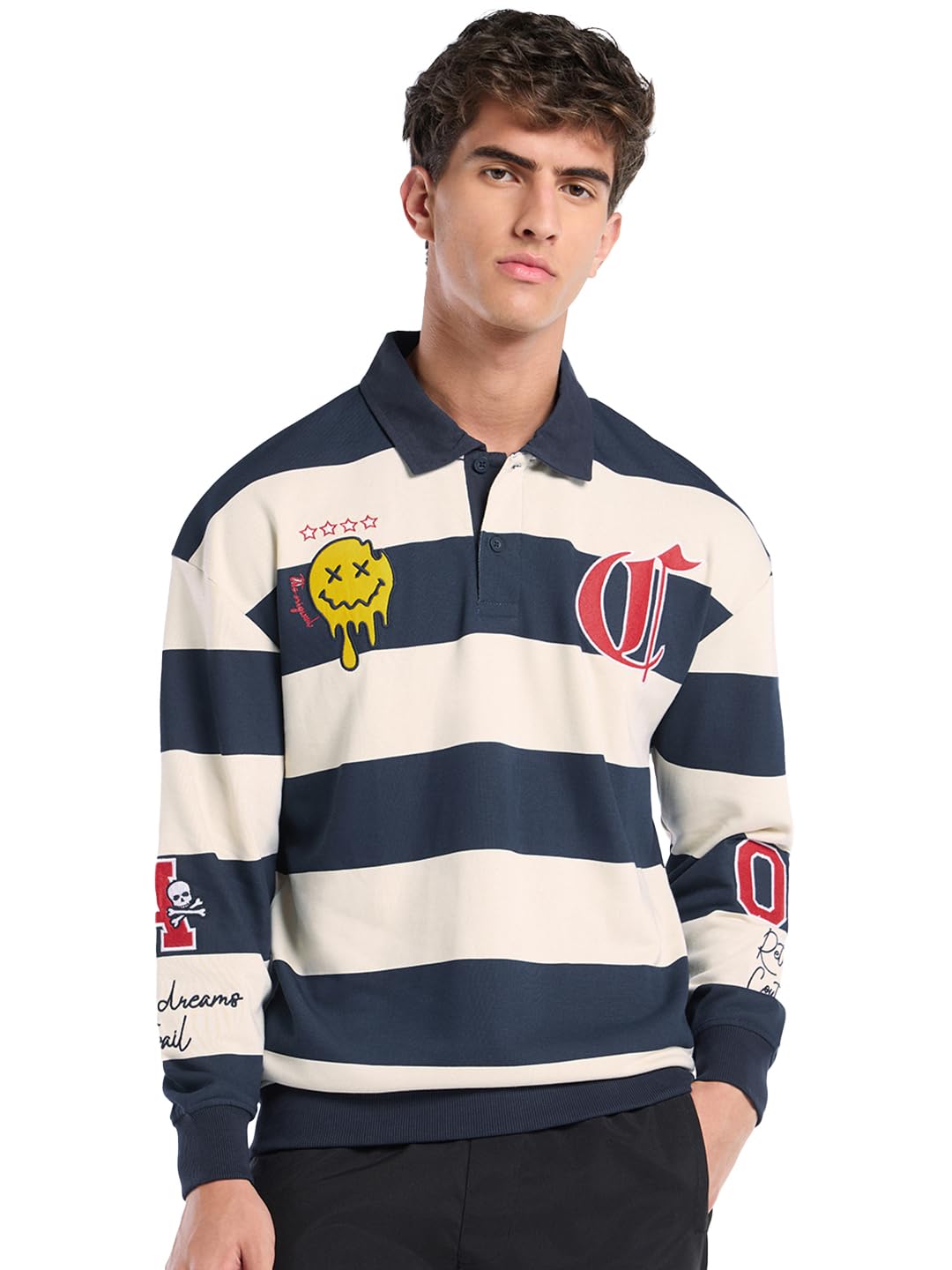 Bewakoof Bewakoof Men's Striped Oversized Fit Full Sleeve Polo Neck Terry Sweatshirt-picture-34