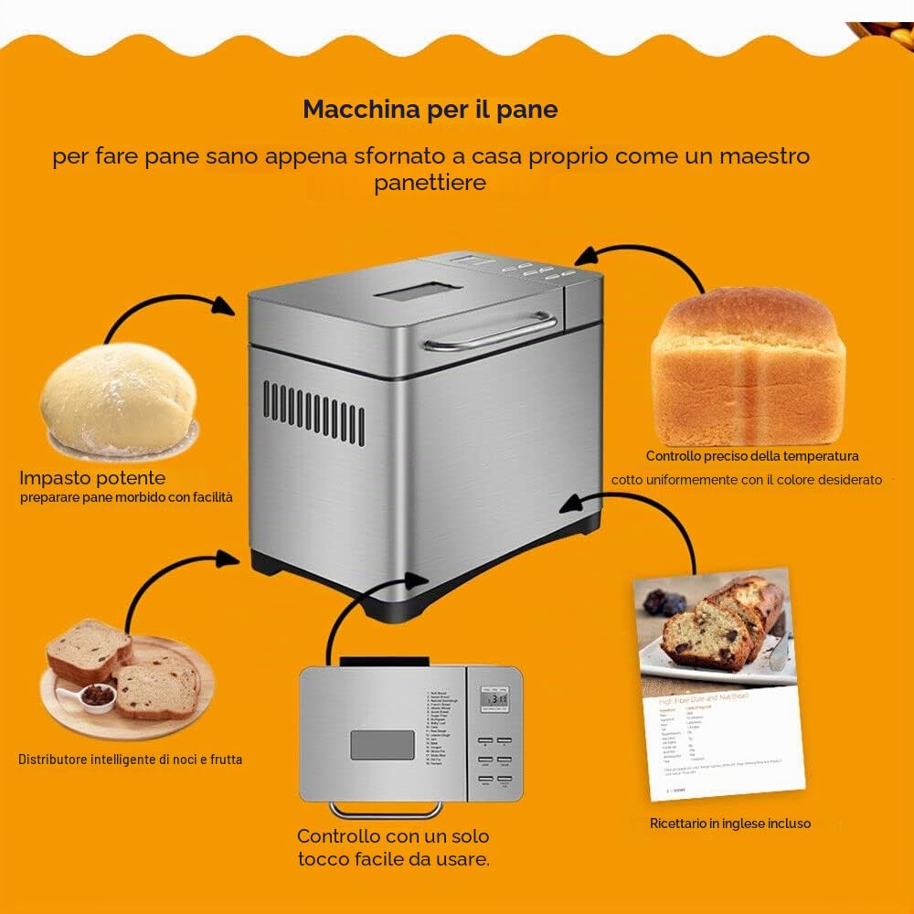 Macchina per il pane 19 in 1, in acciaio inox, con pannello touch digitale, 650 W, con scatola automatica degli ingredienti