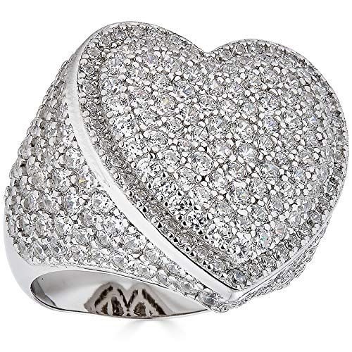Solid 925 Sterling Silver - Heart Shaped - Large Hip Hop Iced Ring - Fully Flooded Out Man Made Diamonds - Sizes 7-13