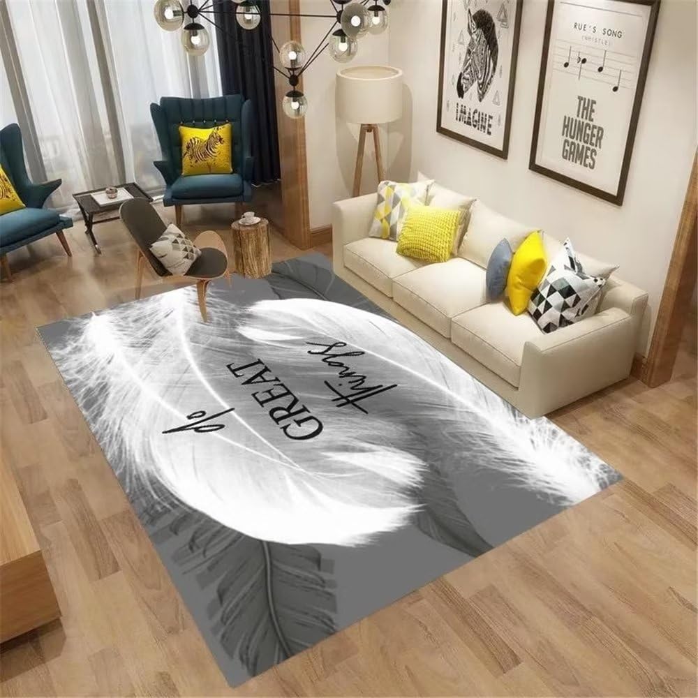 Tapis pour chambre de fille gris motif grande plume sol anti-froid