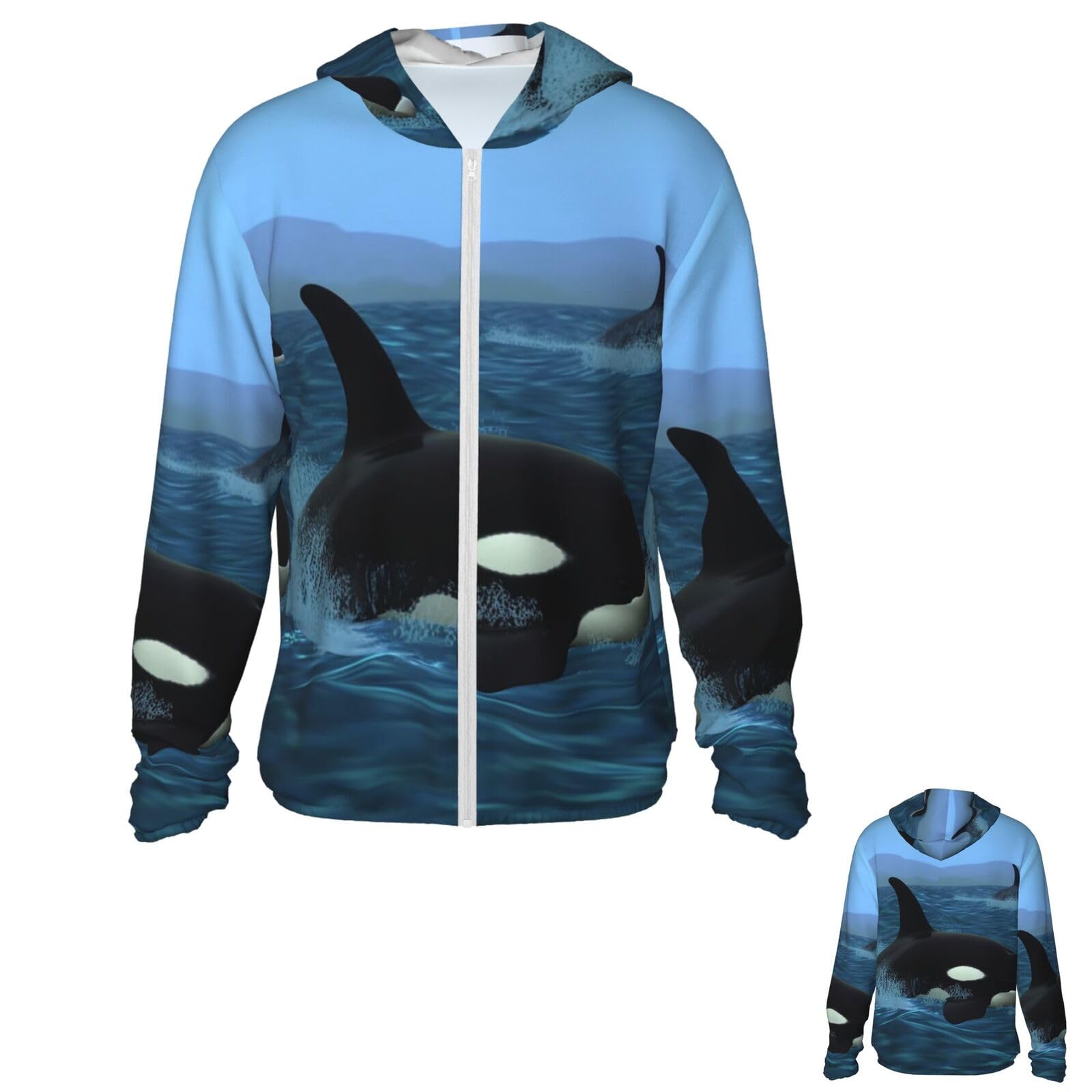 NONHAI Men's Sun Protection Jacket UPF 50+ Full Zipper Long Sleeve UV Hoodie Shirt Killer Whales Swim Women's Outdoor Jacket Black