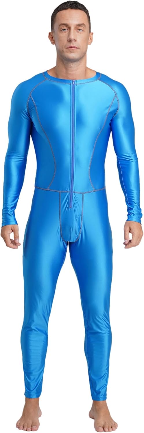 Men's Glossy Slim Jumpsuit Flat Seams Front Zip Long Sleeve Pants Compression Bodysuit