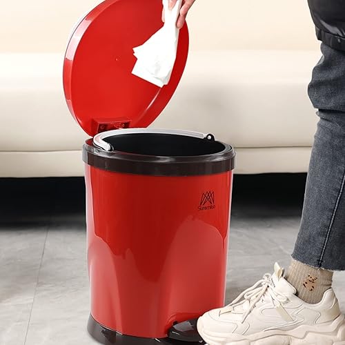 Miniatura 7 de Ggbin Cubo de basura de plástico de 7 litros con pedal de pie, 1 paquete de basura rojo redondo