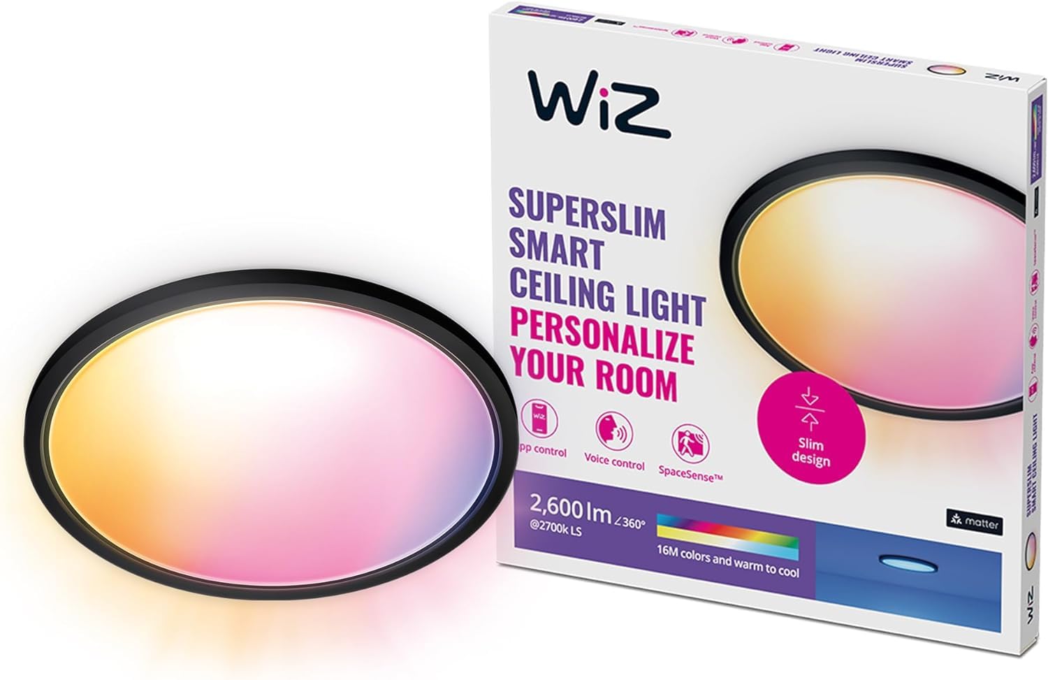 WiZ Plafoniera SuperSlim Smart 430mm, 22W, Luce Bianca o Colorata, Tecnologia SpaceSense, Controllo Vocale, Dimmerabile, Nero