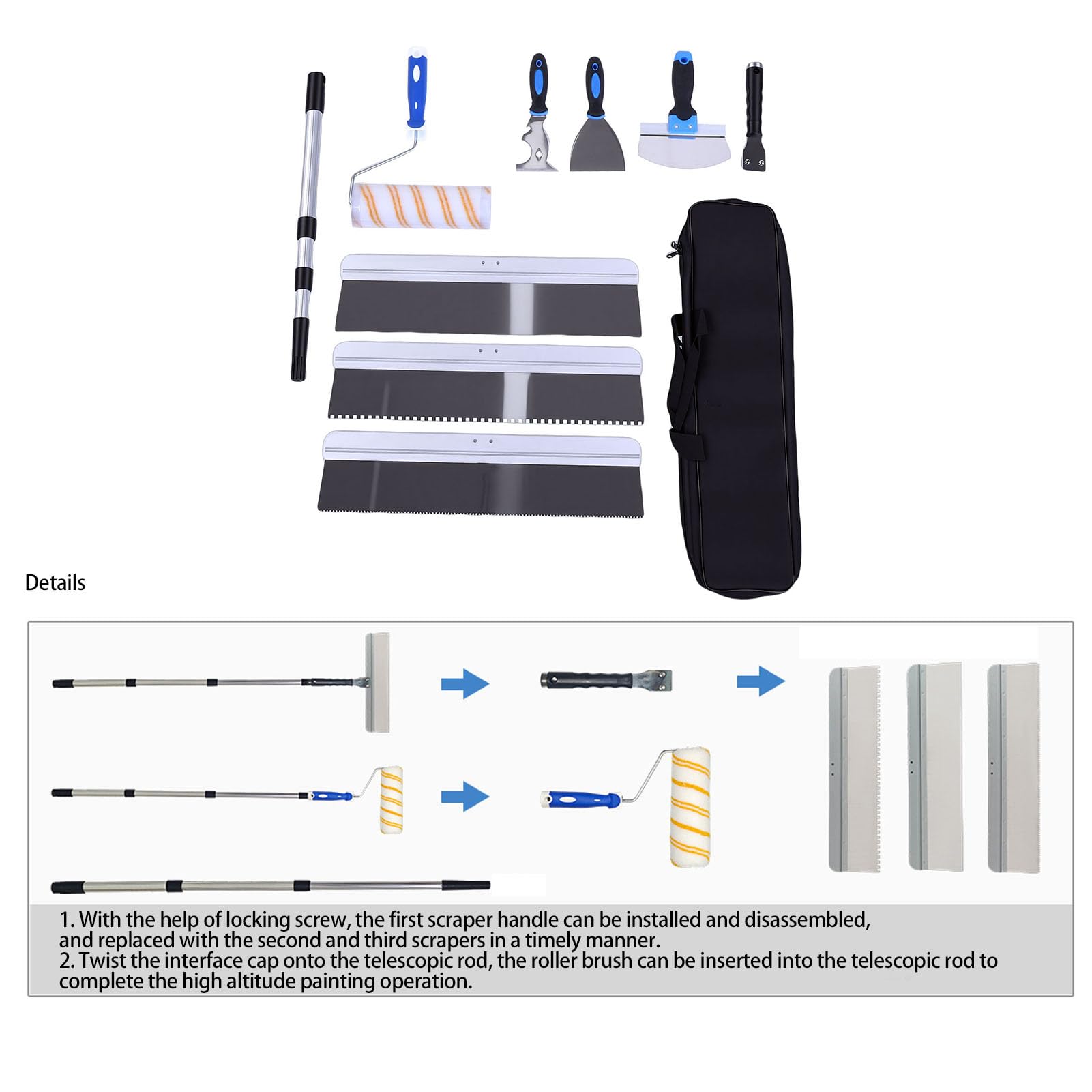 FTVOGUE Kit de Herramientas para Cemento de 10 Piezas, Bolsa de Almacenamiento Incluida, Autonivelante de Acero Inoxidable, para Trabajos de Albañilería