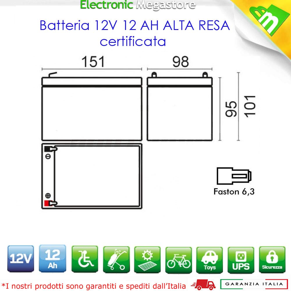 ANFEL Batteria Ricaricabile al Piombo VRLA 12V 12AH Faston F2 6.35mm per Allarmi Antifurti UPS