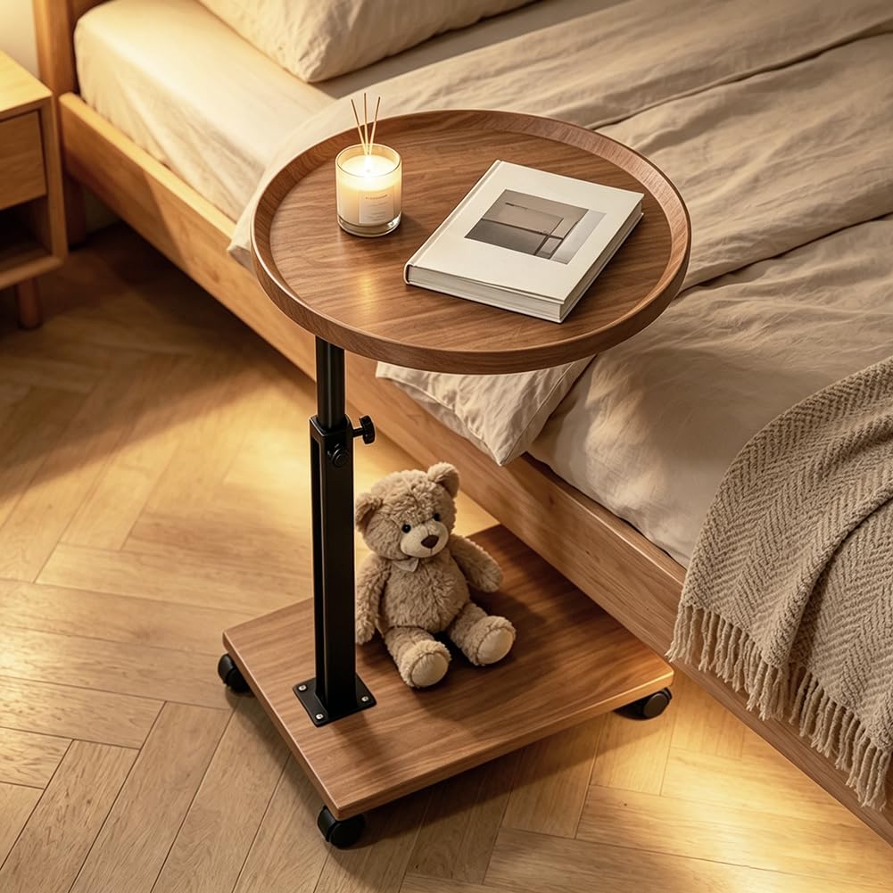 Tavolino girevole a 360°, tavolino con ruote, altezza regolabile 45-80 cm, forma a C, tavolino rotondo piccolo per divano, letto e ufficio (colore legno naturale)