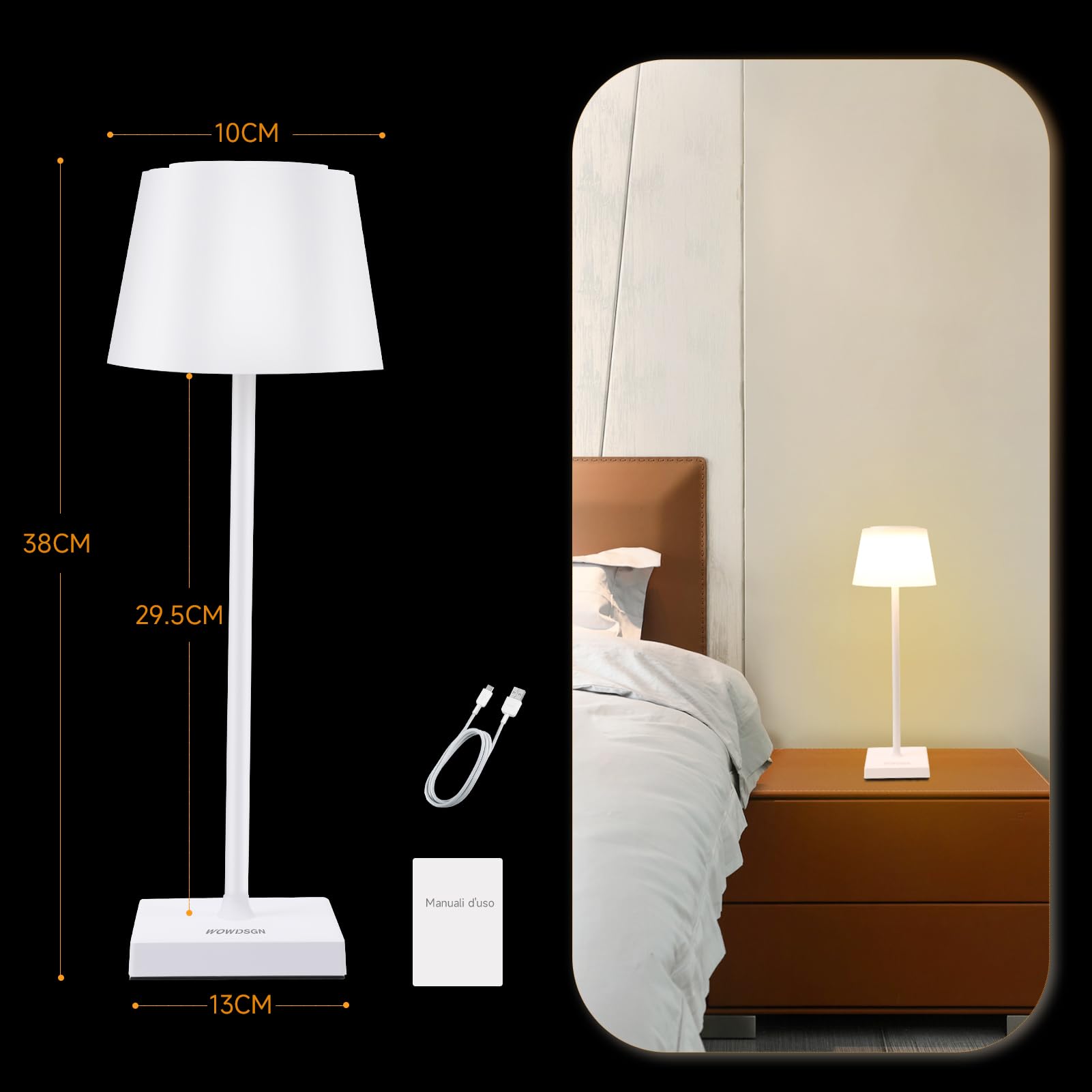 WOWDSGN Lampada da Scrivania senza Fili - Lampada LED da Tavolo Ricaricabile con Touch Dimmer - Temperatura Colore Regolabile - Impermeabile IP44 - Lampada Tavolo RGB a Batteria 4000mAh