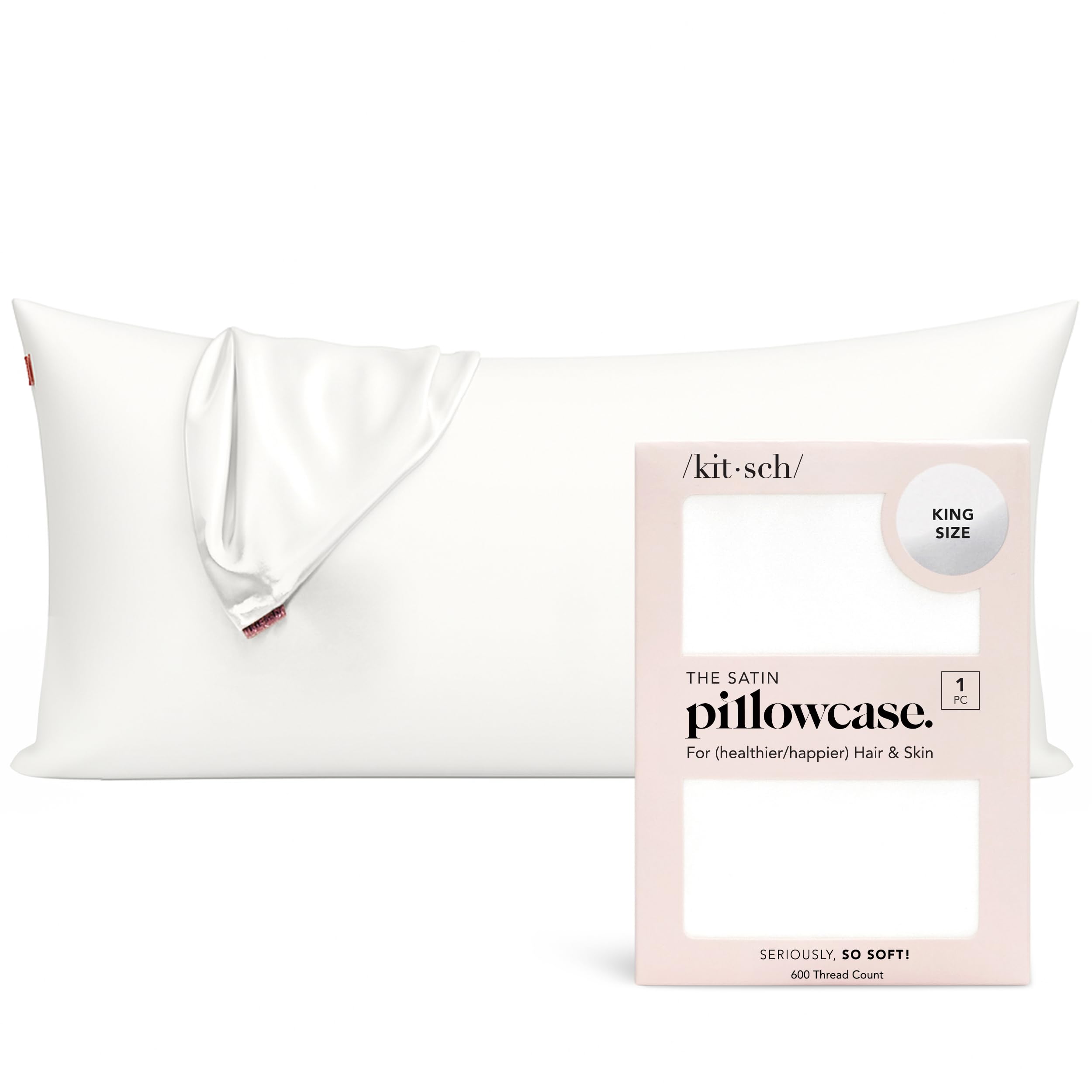 Kitsch Satin Pillowcase, Softer Than Silk Pillow Cases King, Cooling Pillow Covers, Satin Pillowcase with Zipper for Hair, Skin & Quality Sleep, Wrinkle-Free & Smooth, King Size 19"x36", Ivory