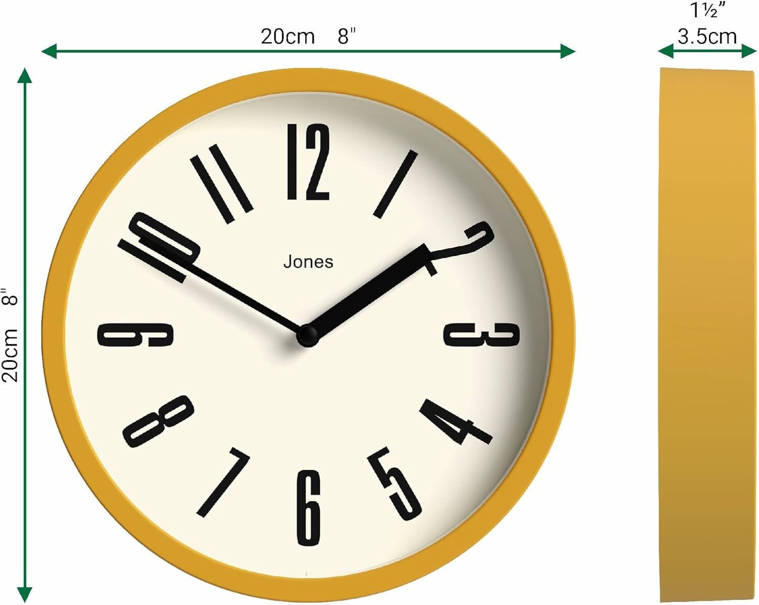 JONES CLOCKS® Hot Tub wall Clock | Small Retro Round Clock | 8 inch | Mustard Yellow | Easy to Read Numbers | Ideal for Kitchen, Office, Kid’s Room, Large or Small Space
