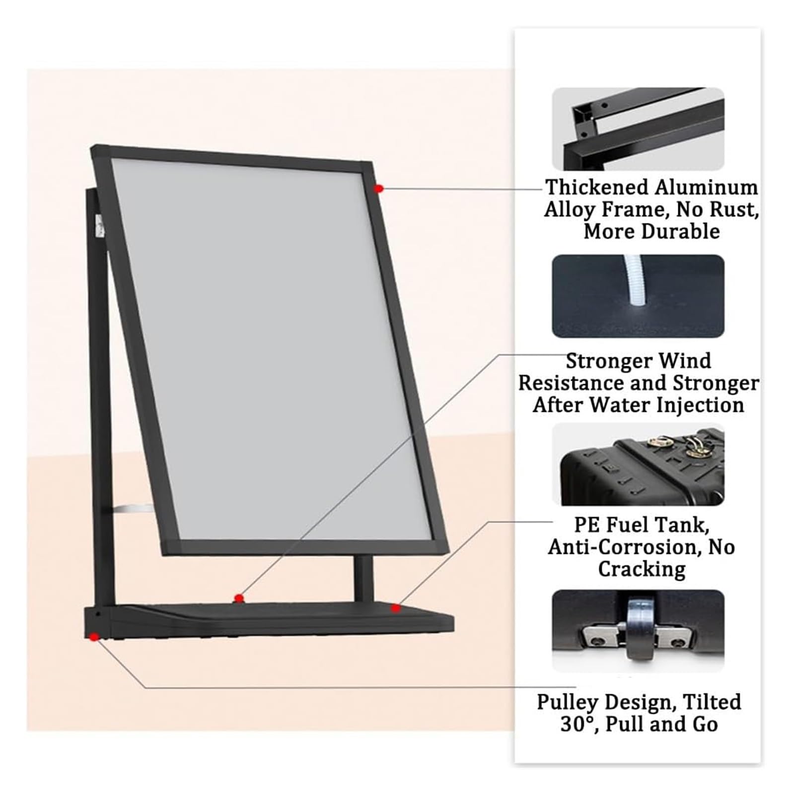 Letrero publicitario Tipo Valla, Soporte Ajustable para acera, Soporte de pie de aleación de Aluminio Resistente al Viento para Carteles, Letrero Resistente pa,Black-63.5x40x114.5cm