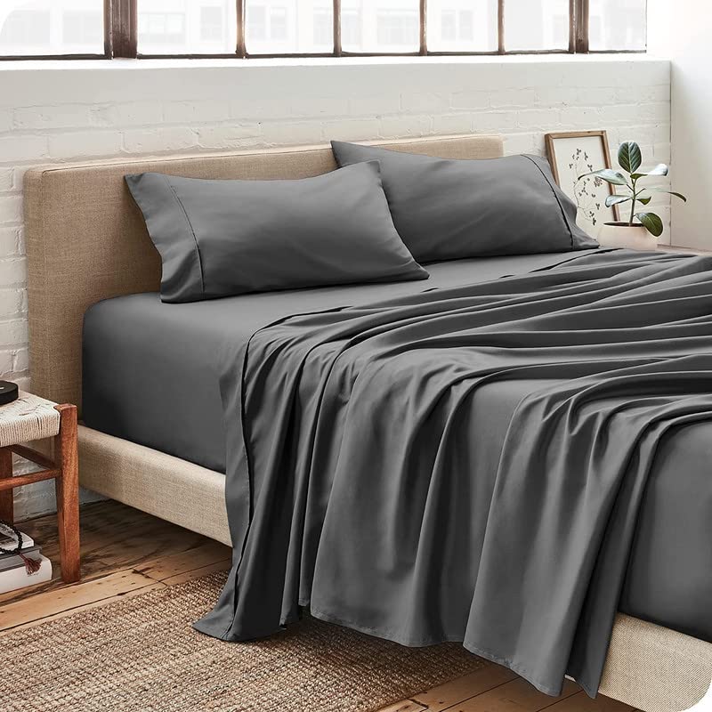 Image of Bed Sheet Single Size Cotton - Pure Egyptian Cotton Single Size BedSheet with Pillow Cover - Solid Dark Gray 600 Thread Count - Stain Resistant, Skin Friendly, Organic Cotton