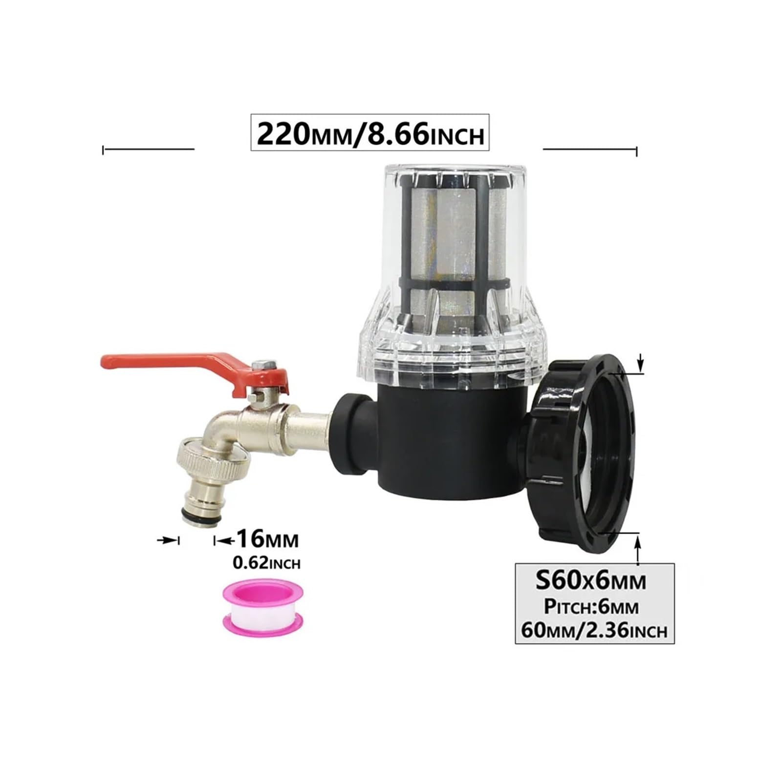 Adaptador de grifo de tanque con filtro, rosca macho/hembra de 1/2, 3/4 y 1 pulgada, for filtro de agua, accesorio for barril de lluvia de 1000 l.(B)