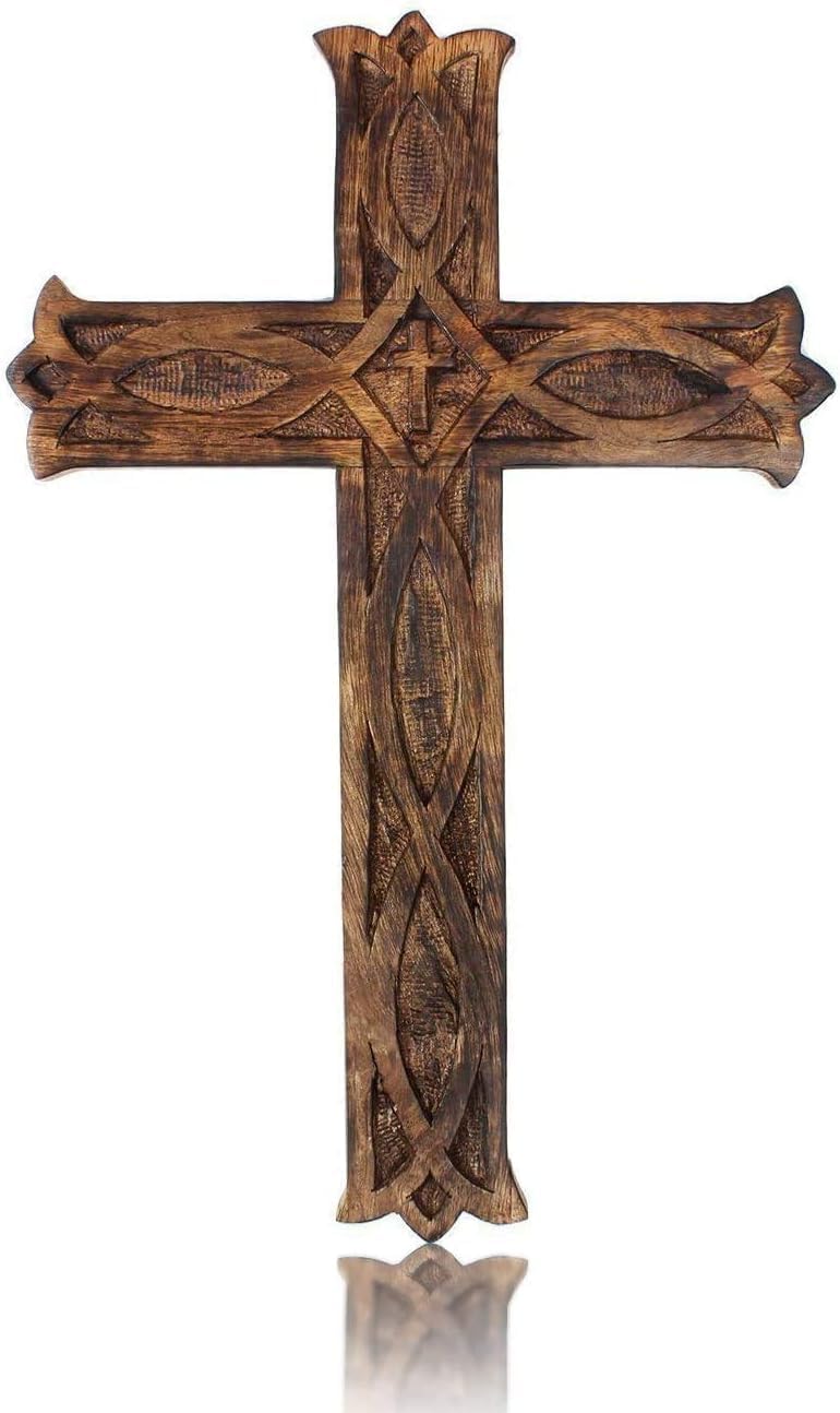 Aakrat Wooden Religious Catholic Crucifix Cross Wall Hanging 18 x 12 Inches Carvings Living Room Home Decor Accent Church Chapel Altar Wall Art Decor
