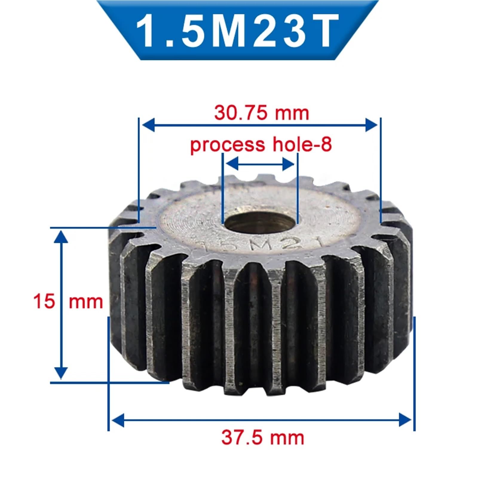 1 ruota elicoidale da 1,5 m, 20/21/22/23 denti, 8 mm, ingranaggio a basso carbonio, acciaio piatto, altezza totale 15 mm (23 Teeth)