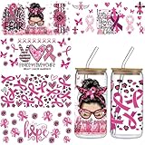 Pink Ribbon UV DTF Cup Wraps - 5 Sheet Breast Cancer Awareness UV DTF Transfer, Pink Ribbon Angel Hope UVDTF Cup Wraps for Glass, Waterproof Transfer Sticker, DIY Crafts for Breast Cancer Warrior