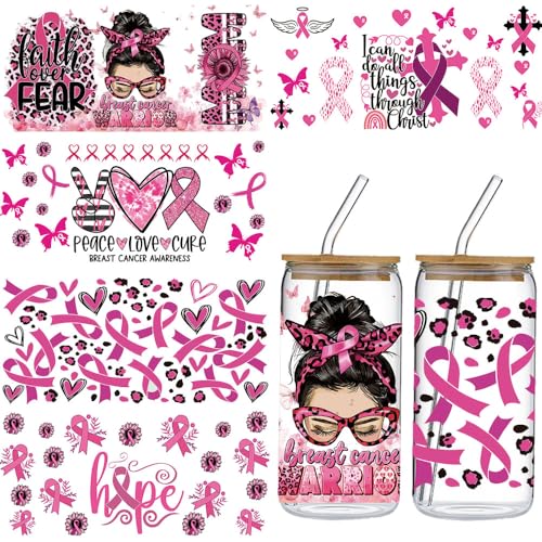 Pink Ribbon UV DTF Cup Wraps - 5 Sheet Breast Cancer Awareness UV DTF Transfer, Pink Ribbon Angel Hope UVDTF Cup Wraps for Glass, Waterproof Transfer Sticker, DIY Crafts for Breast Cancer Warrior