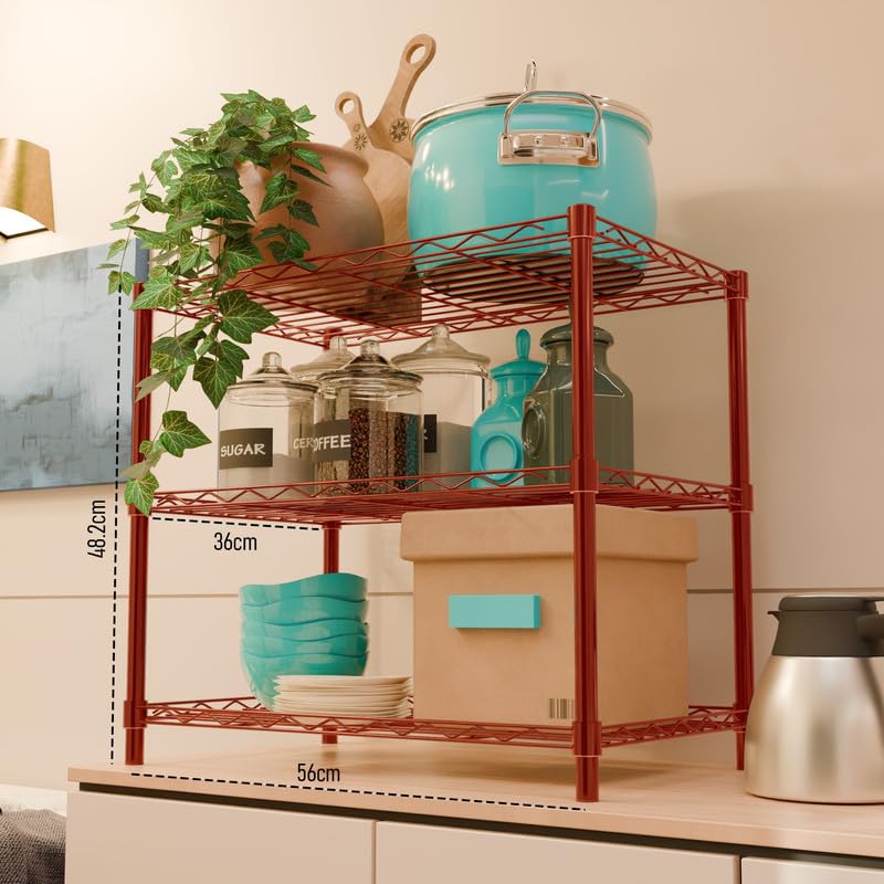 Image of 3-Shelves Counter Top Heavy Duty Steel Storage Rack | Multipurpose Shelving Unit for Kitchen, Home & Utility