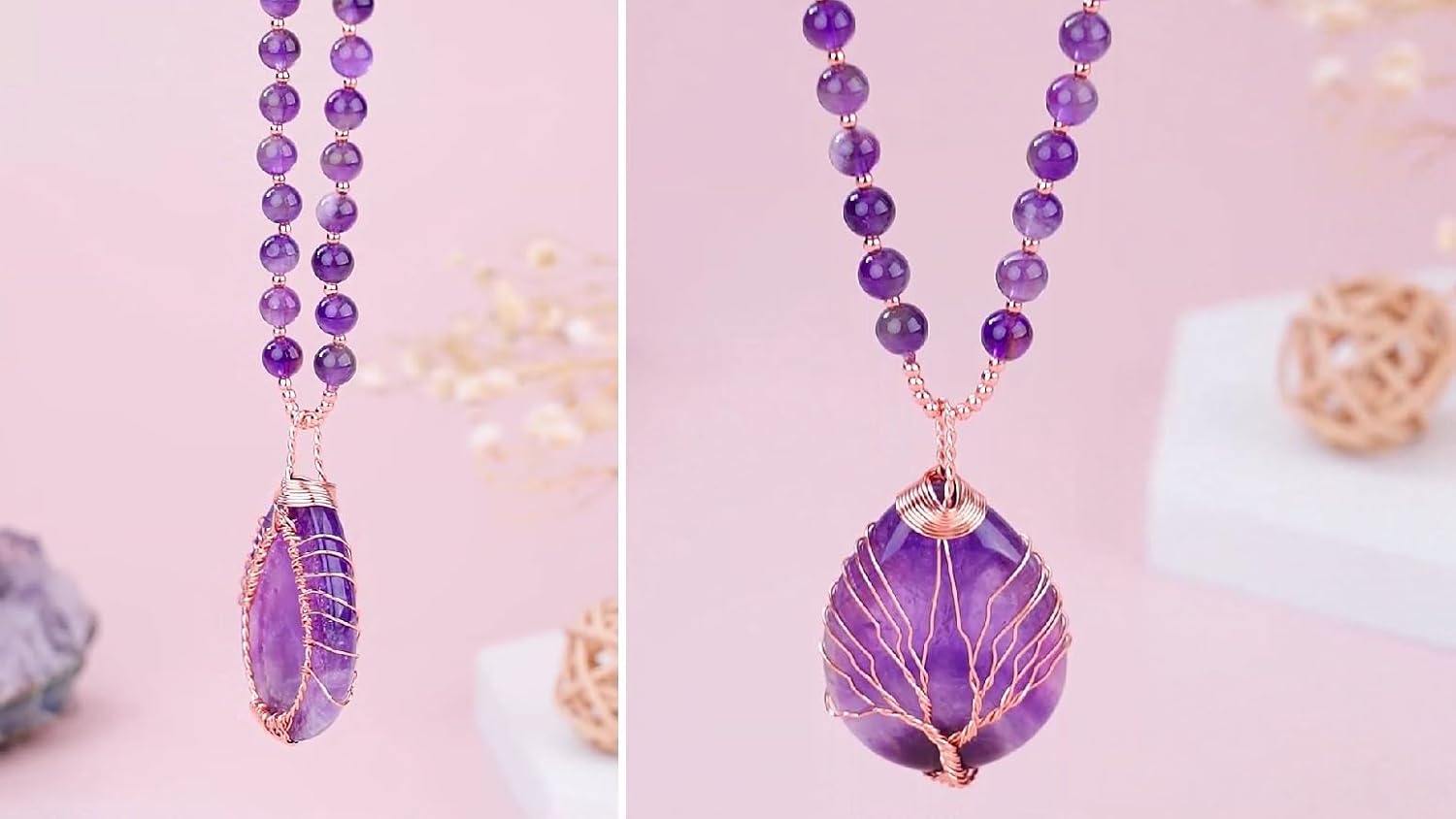 Top Plaza Healing Crystal Amethyst Necklace Natural Stone Beads Life Tree Wire Wrapped Teardrop Gemstone Pendant Jewelry for Women Mom - Image 6