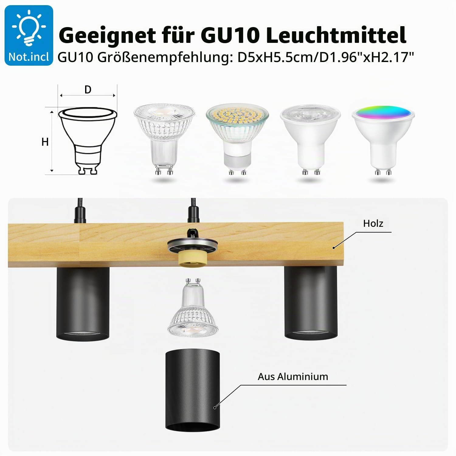 LVWIT Hängelampe Industrial Pendellampe 4 Flammig Hängend Schwarz, GU10 Deckenlampe Schwarz Holz, Wohnzimmerlampe, Lampe Flur, Esstisch Hängelampe Esstisch, Küchenlampe Hängend, Esszimmerlampe