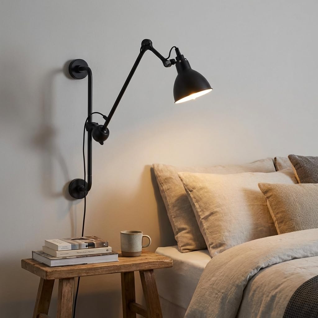 BARCELONA LED Wandleuchte mit Gelenkarm E27 Schwarz und Chrom, industrielle Vintage Metall-Wandlampe mit Kabel, Stecker und Schalter, Leseleuchte für Schlafzimmer, Büro und Wohnzimmer