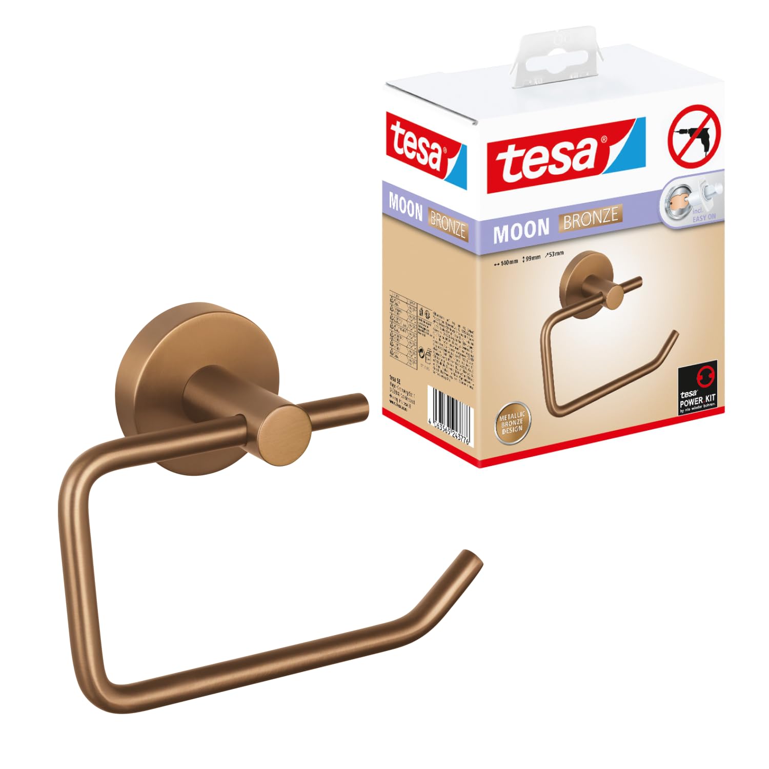 tesa Moon Bronze Toilettenpapierhalter in gebürsteter Bronze - Selbstklebender Rollenhalter ohne Deckel, aus PVD-beschichtetem Metall - ohne Bohren, inkl. Klebelösung - 140mm x 99mm x 53mm