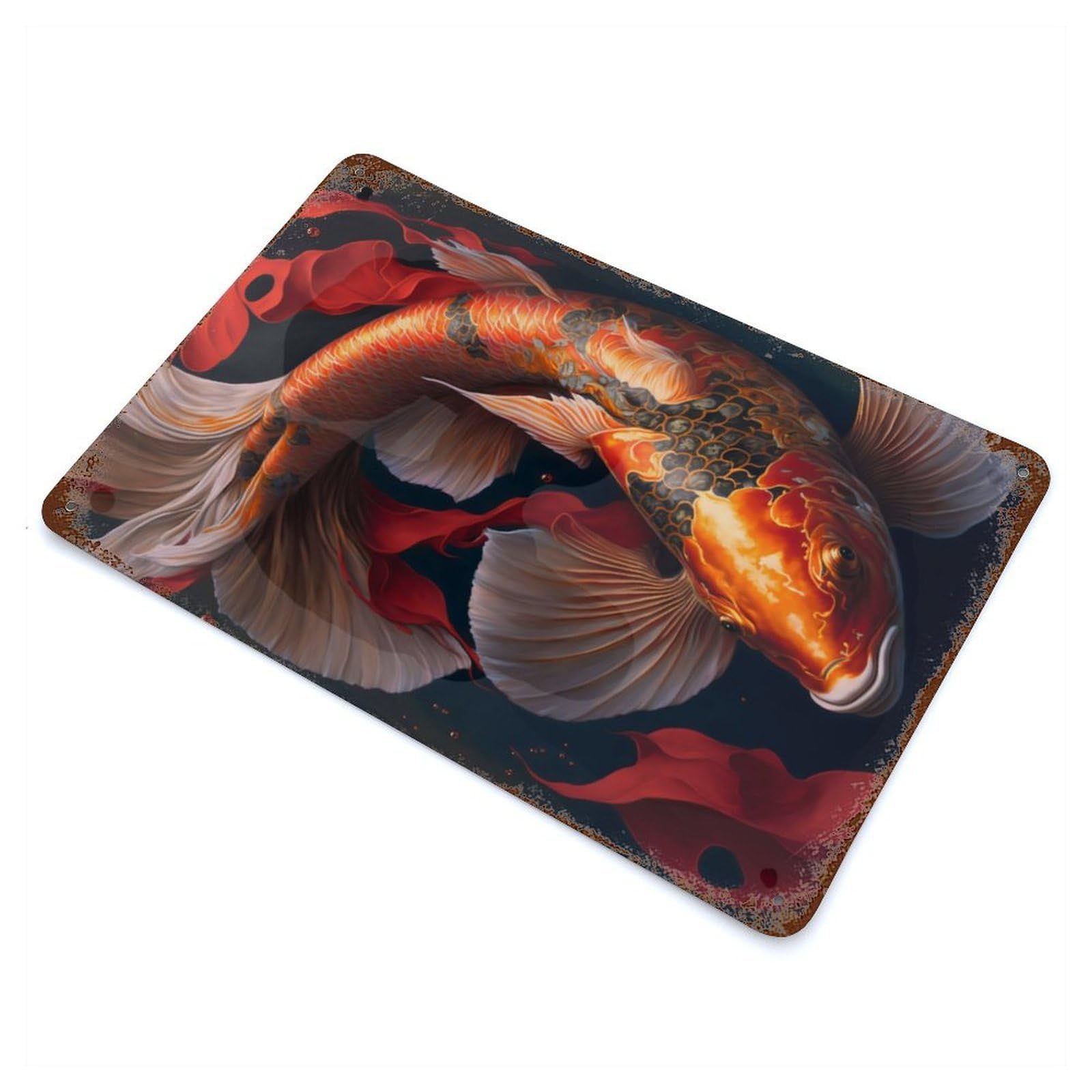 Garage Style Carpe Koi Fish Vintage Rust Metal Sign 11.8"x7.9", Rustic Home Decor for Bar And Workshop