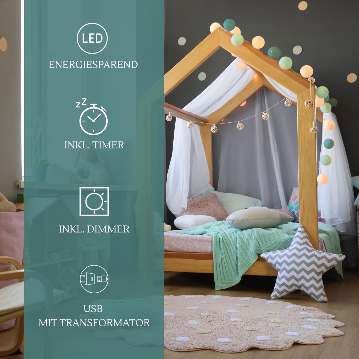 CREATIVECOTTON Guirlande Lumineuse, Boules De Coton Avec Mode Timer Et Mode Veilleuse (Aqua, 20 Boules