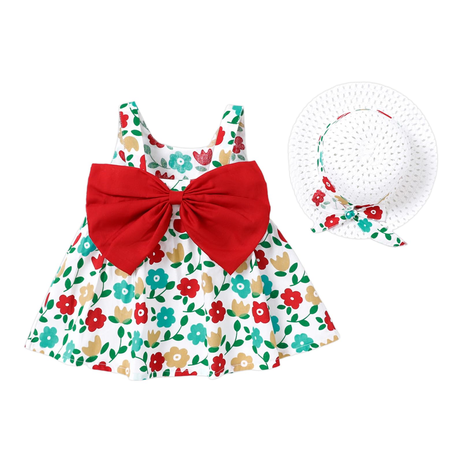 PATPAT Abito da Neonata - con Set di Cappelli Abito per Bambini Senza Maniche con Fiocco con Stampa Floreale, Vestiti Bambina, Vestiti Neonato Femmina, Vestito Elegante Bambina 3 Mesi - 3 Anni