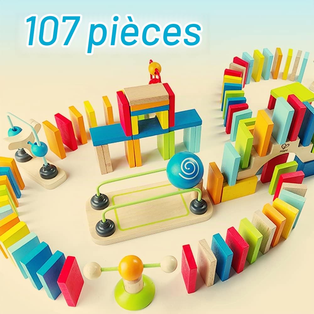 Hape Circuit Domino Arc-en-Ciel - pour Enfants 3 Ans et Plus - 100 Pièces de Domino en Bois et 7 Accessoires - Principes Steam, Idéal pour la Reconnaissance Spatiale & des Couleurs - Jeu Educatif