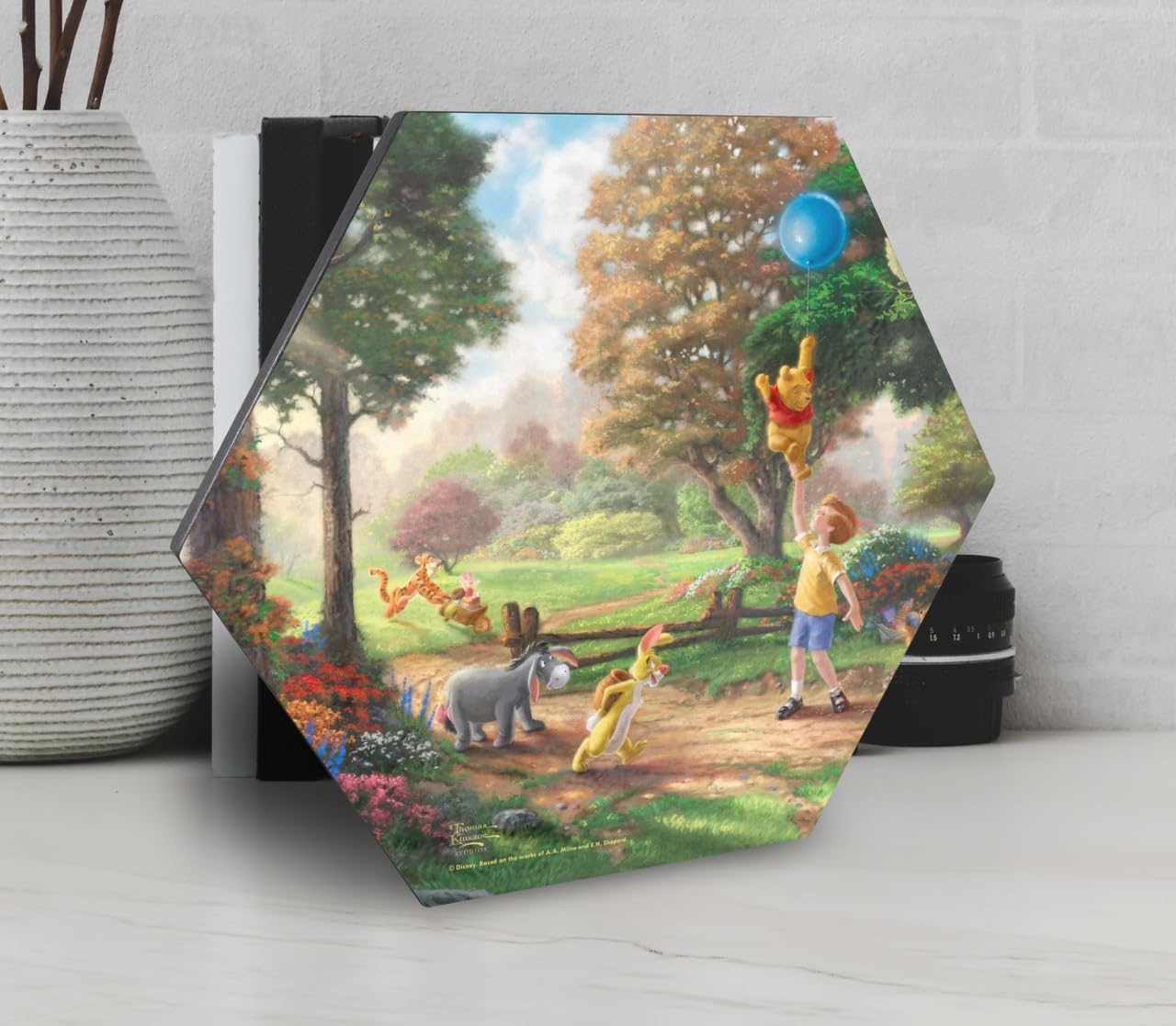Thomas Kinkade Studios – Disney – Pooh’s Balloon Adventure – 11.5” X 10” Hexagon KNEXAGON Wood Print – Tabletop Display, Hang Alone or Connect to Other Pieces – Collectible WPHEX1134