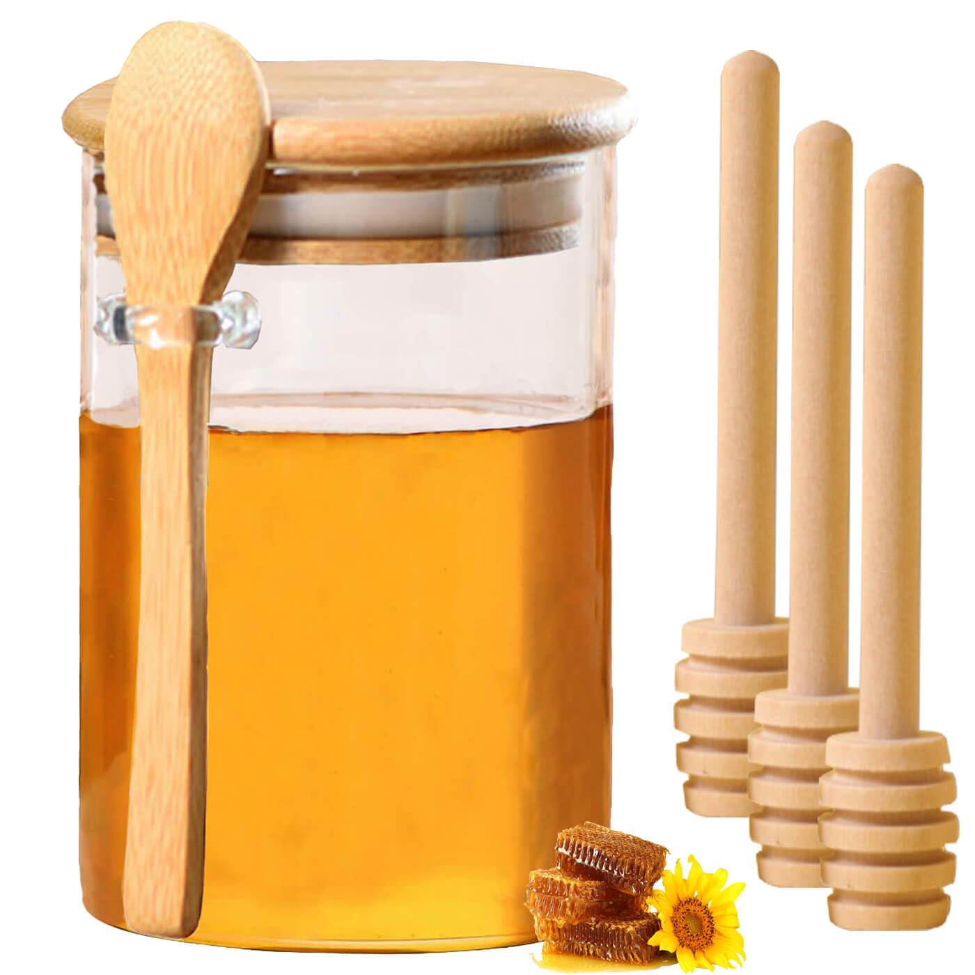 Gasgimos Glass Honey Dispenser No Drip with 3 Honey Sticks and Jar Set, 16 Oz Oversize Glass Honey Jar with Lid -Jar Set Honey Pot/Containers with Wooden Honey Dipper Thank You Gift