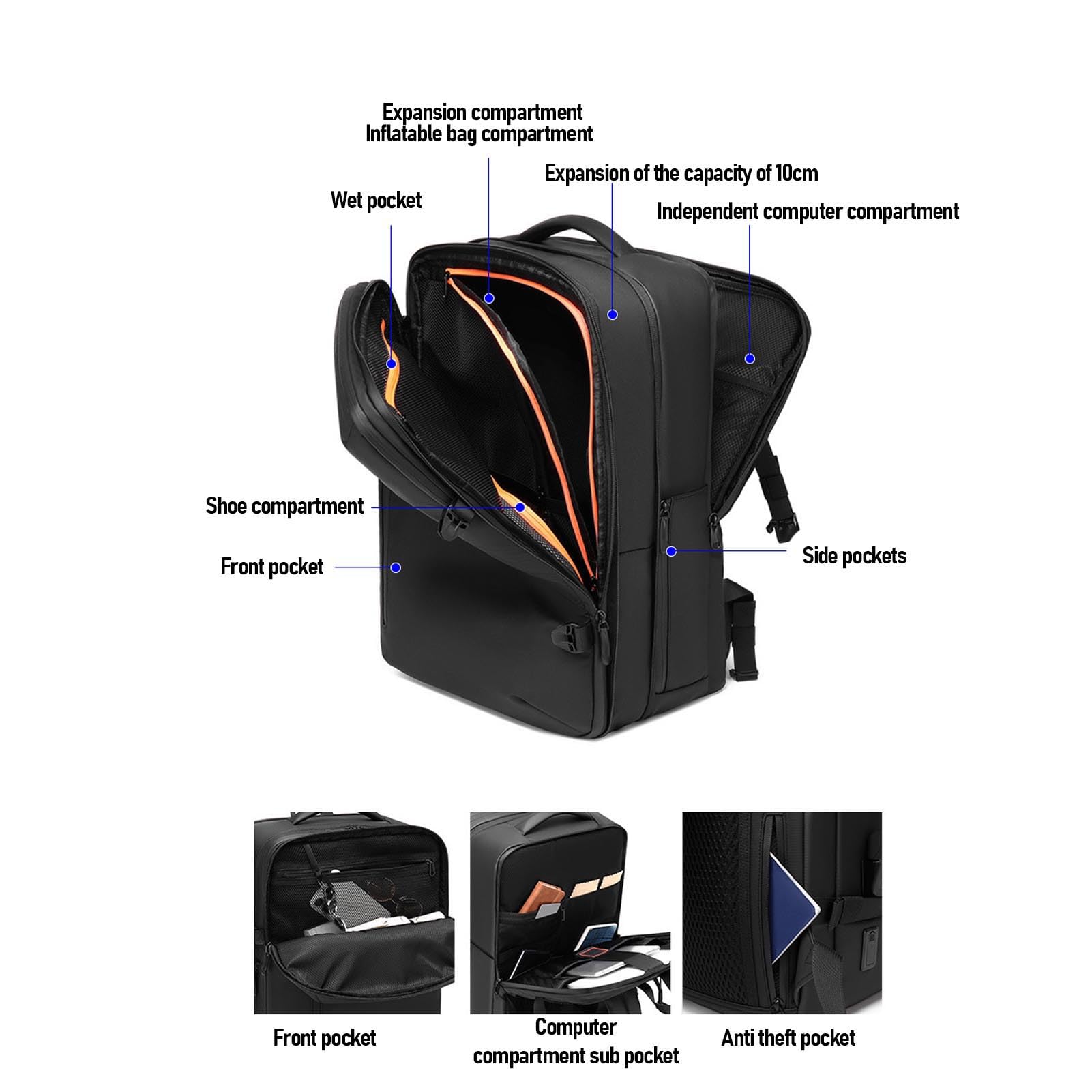 Plecak Kompresyjny Próżniowy Vacuum Travel 40L, Rozszerzalny, Zatwierdzony do Transportu w Samolocie, z Portem USB, Kieszeniami na Mokre Rzeczy i przegrodą na Buty, dla Męż