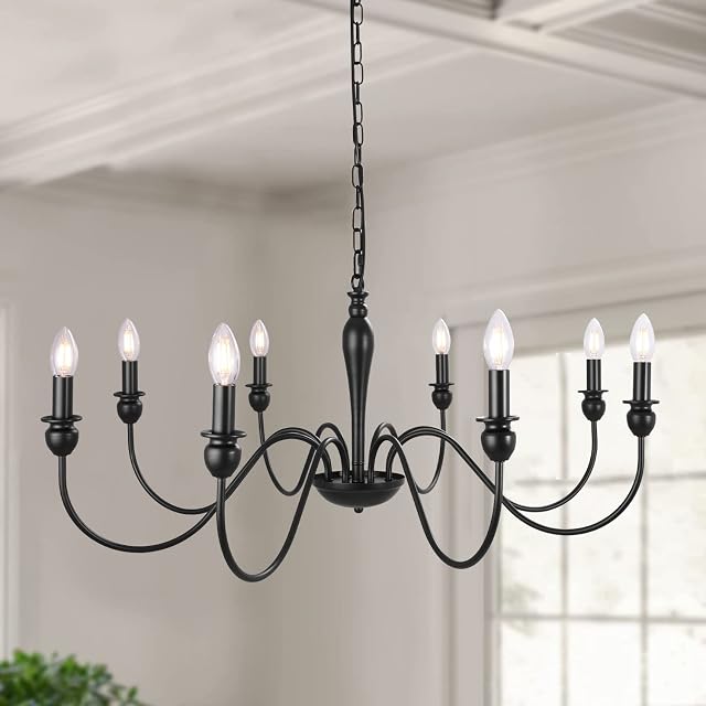 ASHUAQI 8 Lights Farmhouse Chandelier Black, Classic Candle Industrial Ceiling Lighting, Height Adjustable Pendant Light for Living Room, Kitchen, Dining Room, Bedroom, Foyer, Stairway