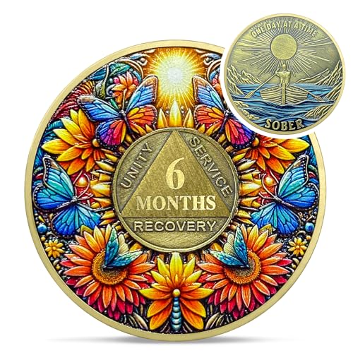Image of Delicate Sunflower 6 Month Sobriety Coin - One Day at A Time 180 Day AA Sobriety Chip - Recovery Butterfly NA AA Chips and Medallions - 1-40 Years Living Clean Alcoholics Anonymous Gifts for Men Women