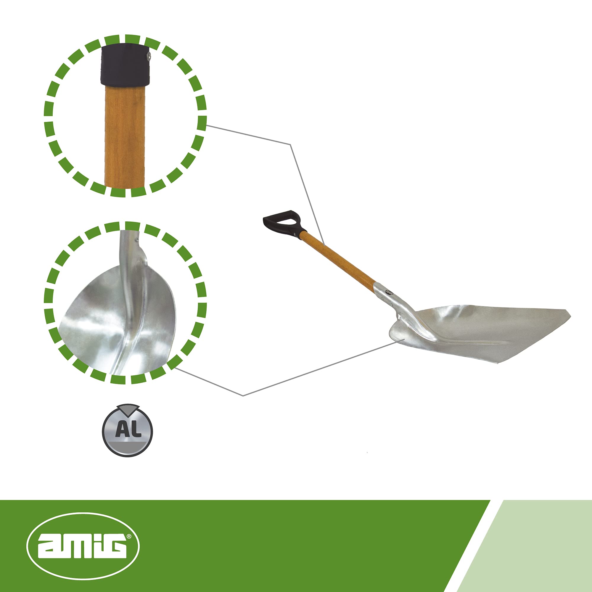 Amig - Pala de Aluminio Cuadrada con Mango de Madera Ergonómico Especial Quitanieve y para Mover y Recoger Hojarasca o Grava - 110 cm, Ligera y Resistente para Uso Doméstico o Profesional, Gris