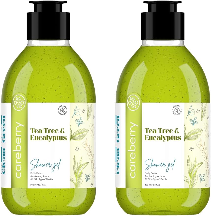 Careberry Tea Tree & Eucalyptus Daily Detox Shower Gel 300ml (Pack of 2) - Awakening Aroma, Organic Ingredients, Sulphate & Paraben Free, Suitable for All Skin Types