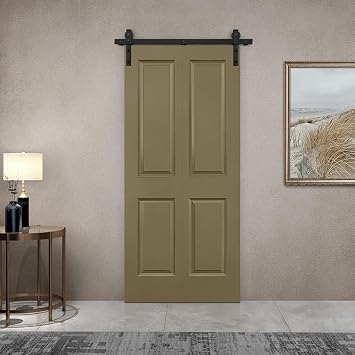 30 in. x 80 in. 2 Panel Olive Green Painted MDF Composite Bi-Fold Barn Door with Sliding Hardware Kit