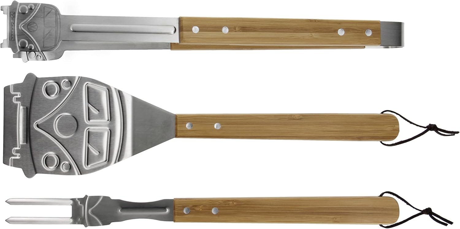 BRISA VW Collection - Volkswagen Stainless Steel Grill Cutlery Set - Tongs, Fork, and Turner in T1 Bus Design (3-Piece with Carrying Case)