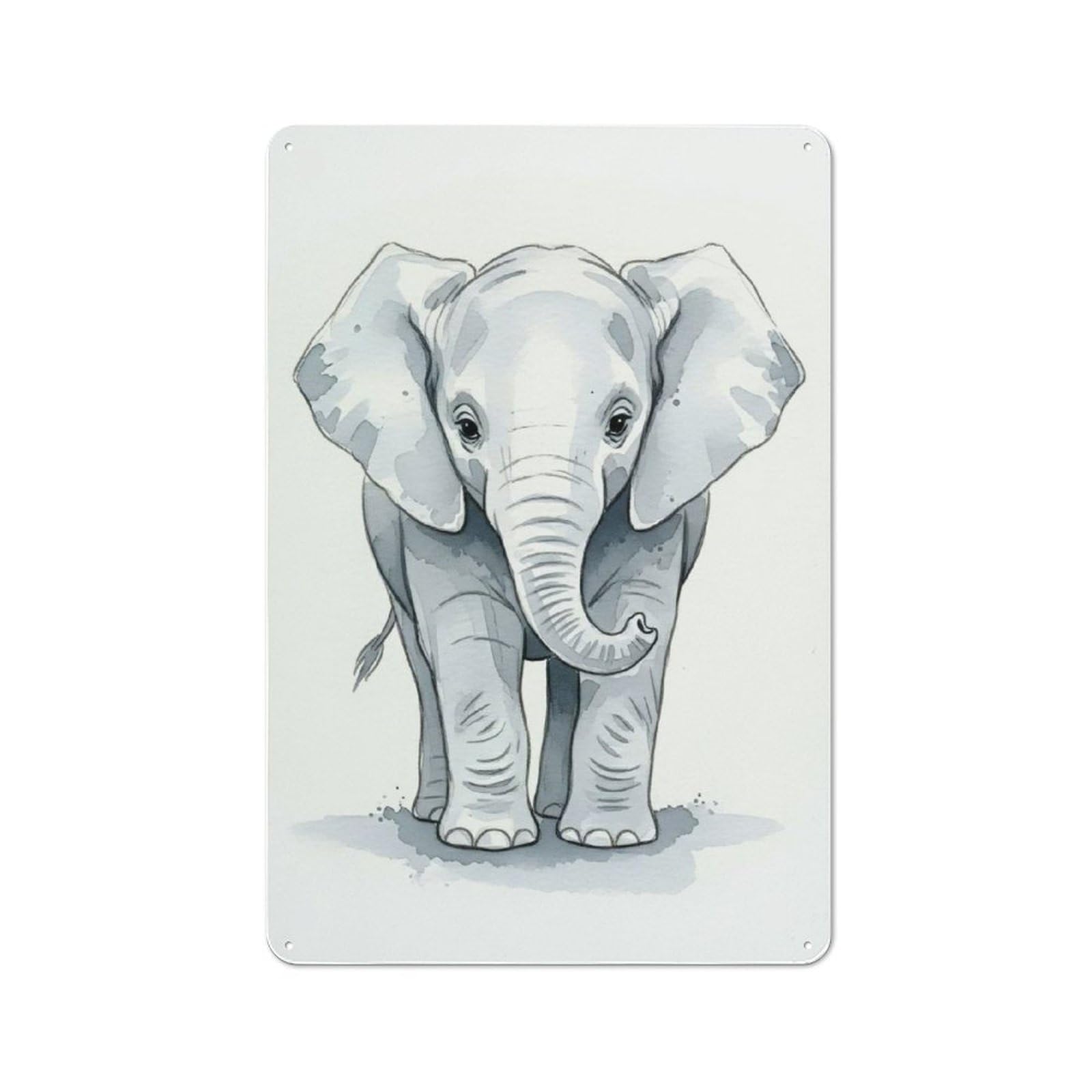 Junmoney Style-15 Metal Wall Sign 30X20cm Featuring Cute Baby Elephant Watercolor Painting For Hallway Wall, For Hallway Decor Lovers, For Retro Home Interiors