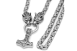 Vikings Wolf Head with Mjolnir Necklace