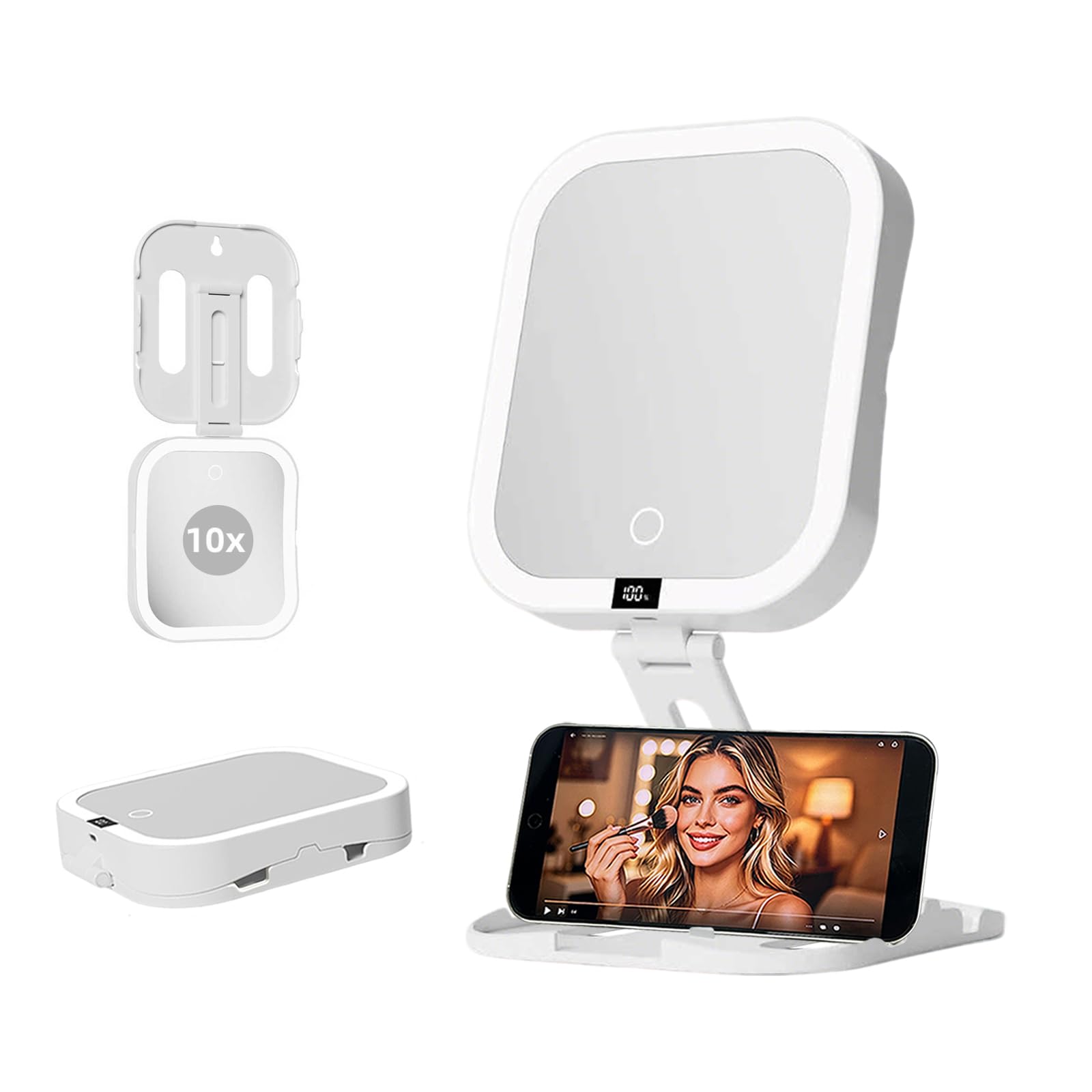 Specchio da viaggio per il trucco con luci, specchio ingranditore a doppio lato 1X/10X con luci a 3 colori, ricaricabile da 2000 mAh, touch screen dimmerabile, supporto per telefono