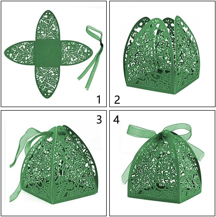 Miniatura 2 de 50 cajas de regalo de belleza cortadas con láser, cajas de dulces con cintas (verde)