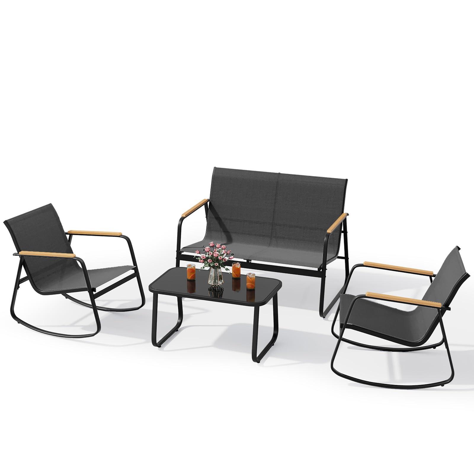 Xbro Gartenmöbel-Set, 4-teilig, Balkonmöbelset aus Teslin-Gewebe, bestehend aus 3 Sesseln und 1 Glastisch, Stahlrahmen, geeignet für Terrassen, Gärten und Außenbereiche