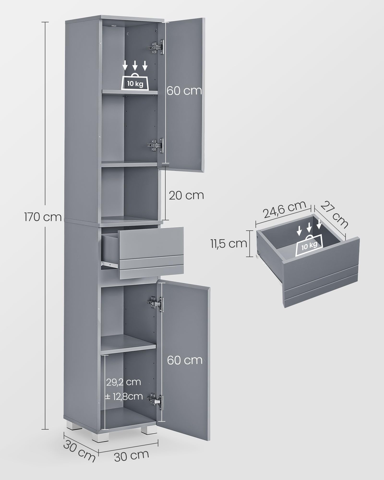 Helloshop26 - Armario para cuarto de baño, mueble de almacenamiento, columna, con cajón estantes ajustables, compartimentos 30 x 30 x 170 cm, color gris 12_0004019
